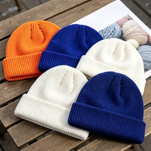HKS0001 Factory Bulk Supply OEM ODM Solid Waffle Knit Cuff Beanie 100% Acrylic Unisex Warm Winter Hat Blank Knitted Cap Striped