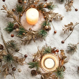 Artificial Candle Rings Candleholders Golden Glitter Christmas Garland Candle Rings Wreaths for Table Centerpiece Decor