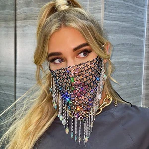 Hot Sell Fashion Party Sequin Bling Rhinestone Diamond Decorative Metal Tassel Jewelry Face Cover Mask
