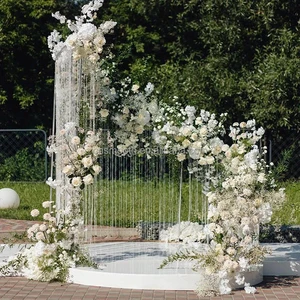 SMOOTH S Shape White Wedding Arch Crystal Beads Curtain Hanging Stage Background Wedding Arch Frame Metal With Flowers