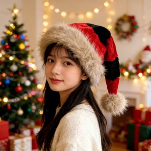 Santa Claus Hat Party Decorations Xmas Caps Wholesale Red Black Splicing Thick Plush Christmas Hats Adult Customise Adjustable