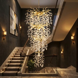 Custom Luxury Adjustable Height Chandelier Gold Metal Tree Branch Crystals Modern Pendant Light High-End Residential Commercial