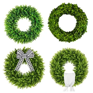 China Factory Customized Artificial Boxwood Wreath 24 Inch for Front Door with Sash Ribbon Large Oval