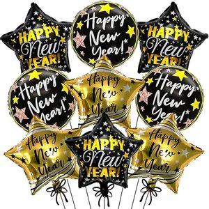 9pcs Black and Gold Foil Happy New Year Balloons for New Years Eve Party Supplies