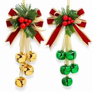 OEM Custom DIY 5-Bell Metal Christmas Hanging Ornament Red Bow Holly Leaves Berries Tree Door Wreath Decor Indoor/Outdoor