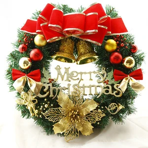 Red Gold Artificial Christmas Wreath Large Bow Bell Ball Poinsettia Merry Sign Front Door Wall Xmas Hanging Decor Wholesale