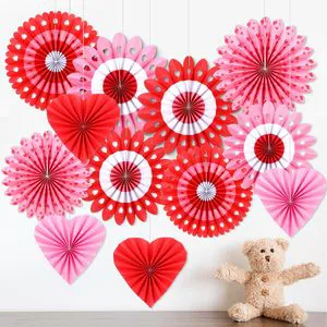 12 Pcs Red Paper Fans Hanging Paper Fans Flower Set Red Party Decorations Photo Backdrop for Wedding Birthday Engagement