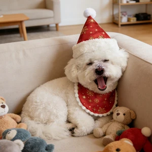 Soft Polyester Woven Print Modern Christmas Hat with Pet Bib Bandana Festive Holiday Decor