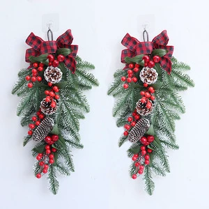 LINGKAI Artificial Snow Flocked Pine Red Berry Buffalo Plaid Bow Christmas Teardrop Swag Front Door Hanging