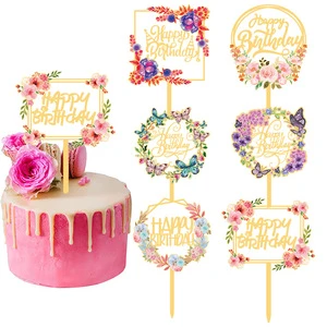 Factory Wholesale Acrylic Happy Birthday Flower Cake Toppers Wholesale Wedding Party Cake Decoration
