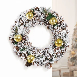 Handmade Trendy Christmas Ball Pine Cone Gold Balls Wreath Artificial Plastic Front Door Hanging Ornaments