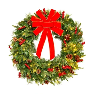24 Inch LED Christmas Wreath with Pine Cones & Red Bow Luxury Artificial Christmas Garlands & Wreaths