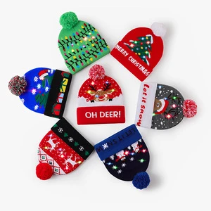LED Light up Christmas Beanie Hat Knitted Pom Pom Winter Cap Festive Party Favor Ugly Christmas Sweater Hat for Kids Adults
