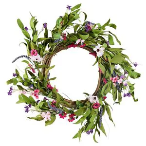22-Inch Artificial Decorative Wreath in Pink Green All Seasons Year Wreath with Daisies Babysbreath Buds for Home Decor