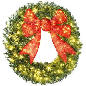 48in Pre-Lit Christmas Wreath with 3D Red Bow 11 Lighting Modes Remote Controlled Front Door Wreath Christmas Garlands & Wreaths