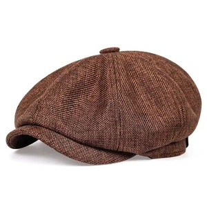 Mens 8 Panel Wool Blend Newsboy Flat Cap Herringbone Tweed Hat Classic Vintage Cotton Ivy Cabbie Gatsby Driving Hats Beret Cap