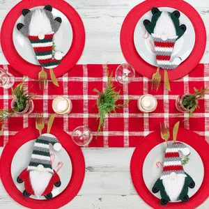 Christmas Gnome Acrylic Cutlery Holder Knitted Striped Hat Silverware Bag Scandinavian Tomte Tableware Cover Xmas Decoration