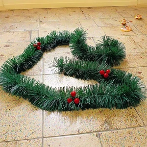 Wholesale Modern 1 Color Pet Plastic Christmas Tinsel Garland Red Berry Dark Green Ribbons Strip Shape For Tree Decorations