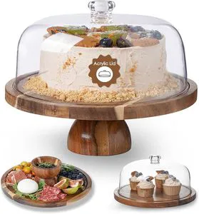 Acacia Wood 12inch Cake Stand with Detachable Acrylic Display Dome Multi-Functional Serving Set for Cakes Desserts Charcuterie