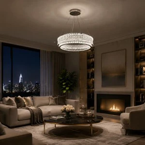 Modern Crystal Iron Chandelier Lighting Chrome Circle Pendant Light for High Ceiling Hotel Home