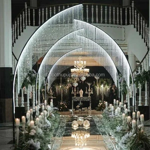 Factory Price Stainless Steel White Golden Wedding Floral Arch Stand with Crystal Hanging for Events Backdrop Decor