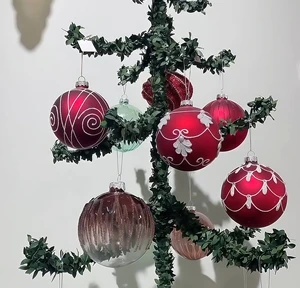 Red Glass Christmas Ball Ornaments with Silver Embossed Patterns, Xmas Tree Hanging Decorations Holiday Decor Wholesale