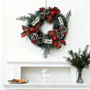2025 New Arrival Handmade Eco-Friendly Pinecone Red Fruit Decorative Christmas Artificial Wreath 30x30cm Traditional Home Wall