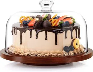 2026 Cake Stand with Acrylic Dome, Rotating Cake Plate Acacia Wood Cake Stand with Acrylic Lid, Cake Display Server Tray