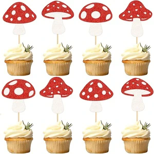 24pcs Red Mushroom Cupcake Toppers Red Mushroom Theme Cake Topper Happy Birthday Cake Toppers Decorations for Decor Supplies