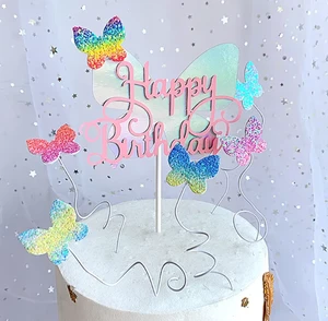 Butterfly Cake Decoration Gradient Non-Woven Cake Topper Dessert Table Happy Birthday Baking Decoration