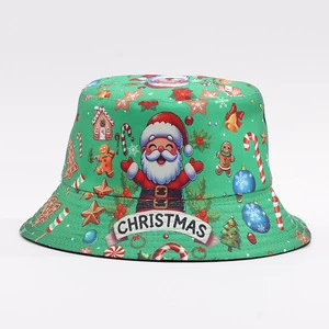 Wholesale Christmas Atmosphere Bucket Hat European Style Reindeer Santa Printed Fisherman Hat Export Holiday Party Cap