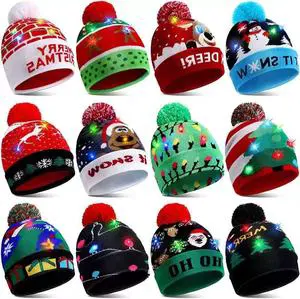 In Stock Cross-Border Christmas Hat LED Colorful Lights Adult Jacquard Knitted Hat Cartoon Pattern Unisex