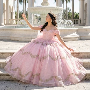 Jancember 5932 Glitter pink off Shoulder Sweet 16 Girls Dresses with Golden Lace