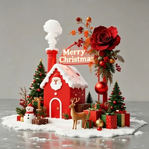 Lighted Red Foam Christmas Cottage Ornament With Artificial Rose Floral Reindeer Figurine For Mall Window Holiday Display