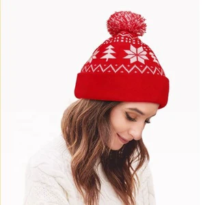 Christmas Beanie Acrylic Jacquard Custom Knitted Hat with Pom Pom Winter Warm Christmas Hats