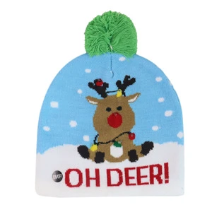 LED Christmas Sweater Light up Xmas Warm Pom Beanie Knitted Cap Unisex Winter LED Hat Jacquard Beanie Without Cuff
