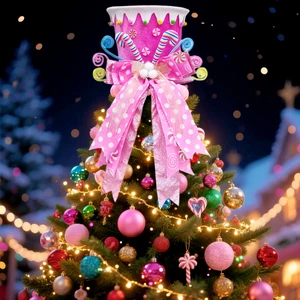 Pink Candy Land Christmas Tree Topper Hat Large Velvet Tree Top Decoration with Bow for Holiday Party Home Ornament