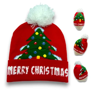 Factory Direct Custom Red Christmas Tree Knit Beanie Hat with LED Light up Pom Pom Beanie for Christmas Party LED Knitted Cap
