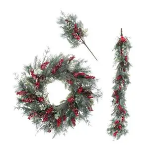 Natale Christmas Decorations Home Decor Cedar Snowy Pine Leaf Garland Wreath with Pinecones and Berries for Holiday Season