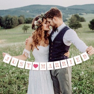 Just Married Banner for Wedding Party Decorations Pink