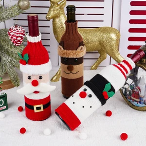 Adorable Polyester Knitted Christmas Wine Bottle Covers Handmade For Elf Snowman Bottle Sweaters Holiday Dinner Table