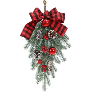 Christmas Teardrop Ornament Wall Hanging Wreaths Decor Outdoor Indoor Red Bow Decorative Props Pine Christmas Garland Wreath