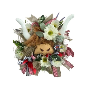 Christmas Artificial Highland Cow Wreath Rustic Front Door Hanging Wreath Window Display Farmhouse Home Decoration