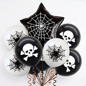 Halloween Black Star Spider Web Foil Balloon Black White Skull Latex Balloons Kit Background Decor