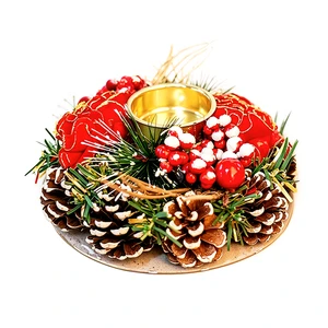 Christmas Candle Ring Wreath Plastic Artificial Red Berry Greenery Garland Pinecones Kitchen Cabinet Xmas Party Table
