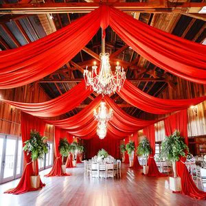 Red Ceiling Drapery Chiffon Wedding Arch Drapes 4 Panels Tulle Ceiling Curtains Sheer Fabric for Wedding Party Swag Decoration