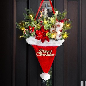 LINGKAI Eco-Friendly Plastic Pre-Lit Gnome Poinsettia Pine Berries Santa Plush Hat Christmas Door Wreath Hanging Decor