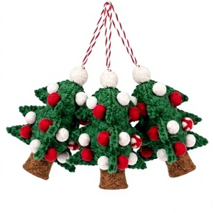 Handmade Eco-Friendly Wool Felt Christmas Tree Hanging Ornament Traditional Indoor Home Decor Red White PomPoms Wall Hanging