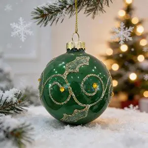 Green and Gold Glass Christmas Ball Ornaments, Hand-painted Pattern Holiday Decorations, Creative Pendants for Tree Hangingballs