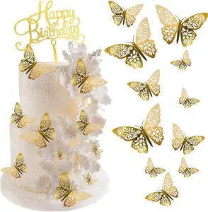 Gold Butterfly Cake Decorations with 1 Pcs Happy Birthday Cake Topper for Birthday Party Bouquet Decor